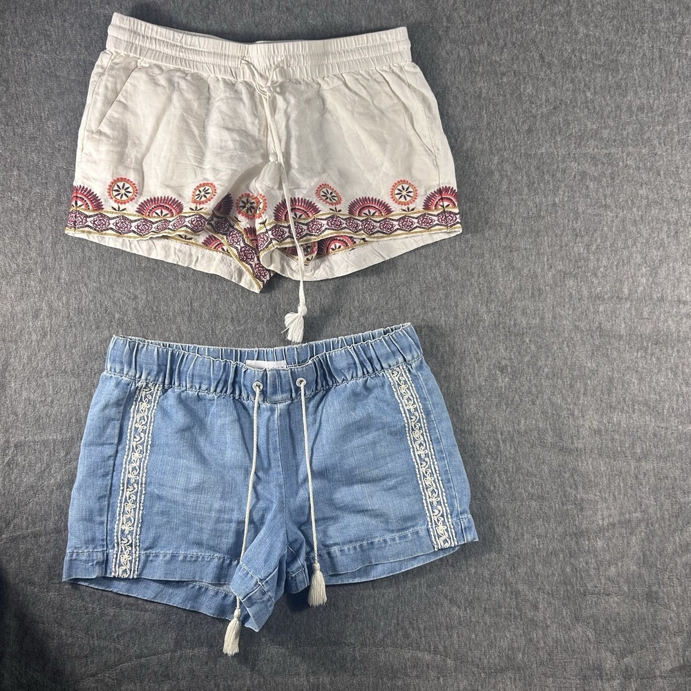 LOFT Women's Lot Of 2 Linen Blend Shorts Blue Lace Trim White Embroidered 26 S